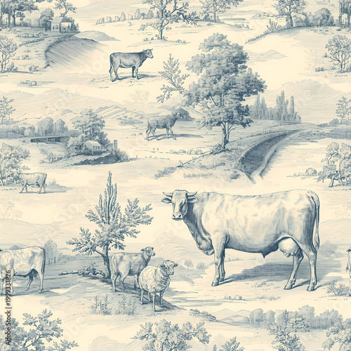 Vintage Countryside Scene With Cattle Grazing Under Trees In A Pastoral Landscape