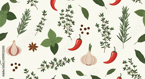 A vibrant arrangement of herbs and spices on a table includes chili peppers and garlic.