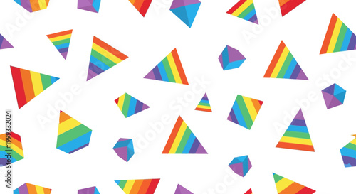 Vibrant rainbow-colored triangular confetti pieces fall against a plain backdrop.