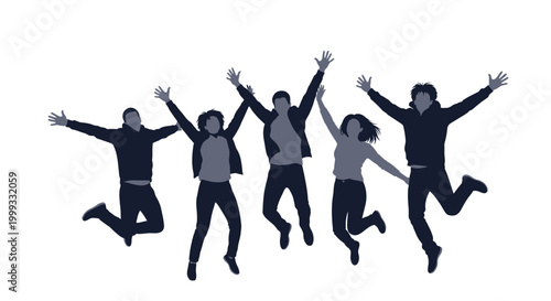 Group of people jumping up happily.