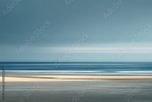 Abstract serene seascape with blurred waves and sandy shore under pale sky