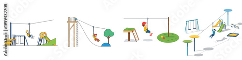 A flat vector illustration set of a zip line playground for children, minimal composition, smooth colors, no outline, white background