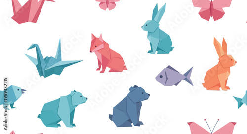 Vibrant origami animals decorate a surface with cranes, rabbits, and fish nearby.