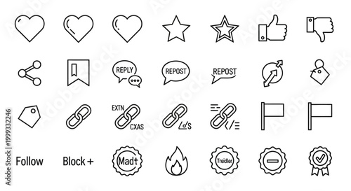 A collection of various social media icons and symbols are shown in a grid.