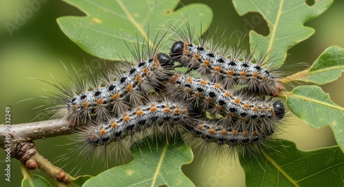 Caterpillars on Green Oak Leaf