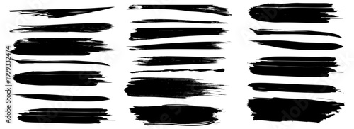 Straight line vector brush strokes with black hand-drawn stripes and rough grunge paint texture, calligraphy style set with sketch text boxes.