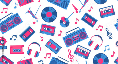 A colorful illustration of various music players and headphones scattered on a surface with musical notes.