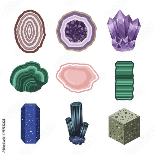 Vibrant crystal formations on display in a geological showcase setting with various minerals