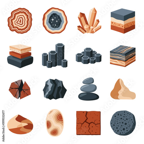 Various illustrations of rocks and minerals on display