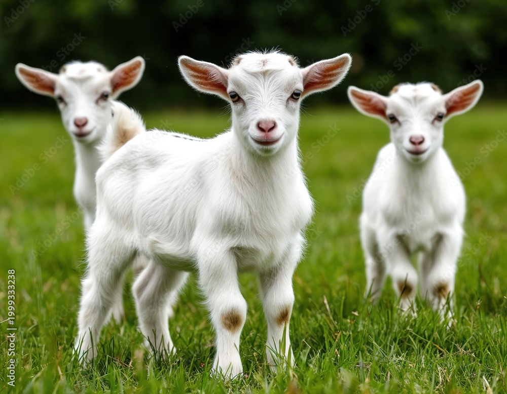 Fototapeta premium cute little goats on a green lawn.