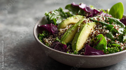 Vibrant Quinoa Salad Bowl with Fresh Avocado, Mixed Greens, Kale, and Red Lettuce