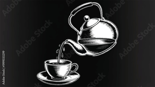 Tea pouring from kettle into cup on saucer