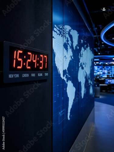 A digital red led time display mounted on a dark wall beside a luminous world map mural inside a professional media center showing operational status of global cities during a live news broadcast