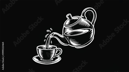 Tea pouring from teapot into cup on saucer