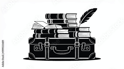 Vintage suitcase stacked with books and a quill pen on top  symbolizing travel and learning