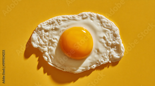 Perfectly cooked sunny side up fried egg with a bright yellow yolk and textured white on a vibrant yellow background, top view studio shot.