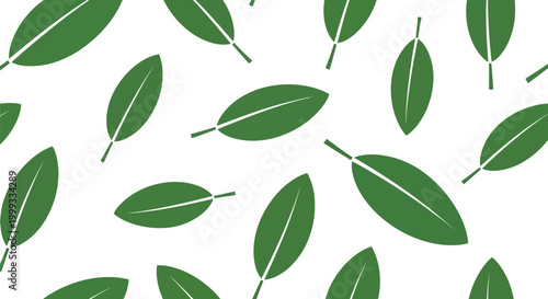 Scattered green leaves pattern on a white background, simple and fresh design