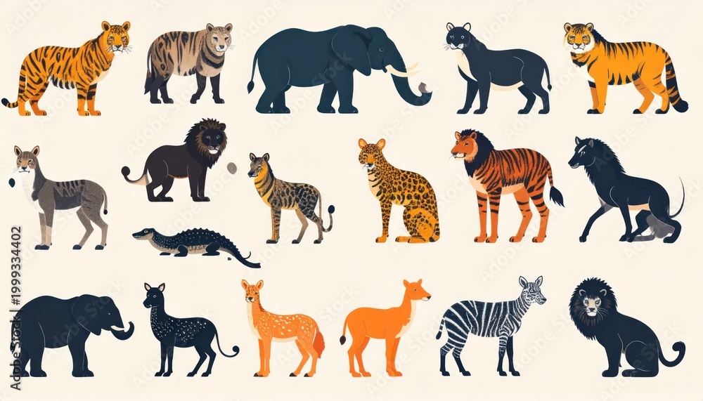Fototapeta premium Collection of Diverse Wild Animals in Flat Design Style.