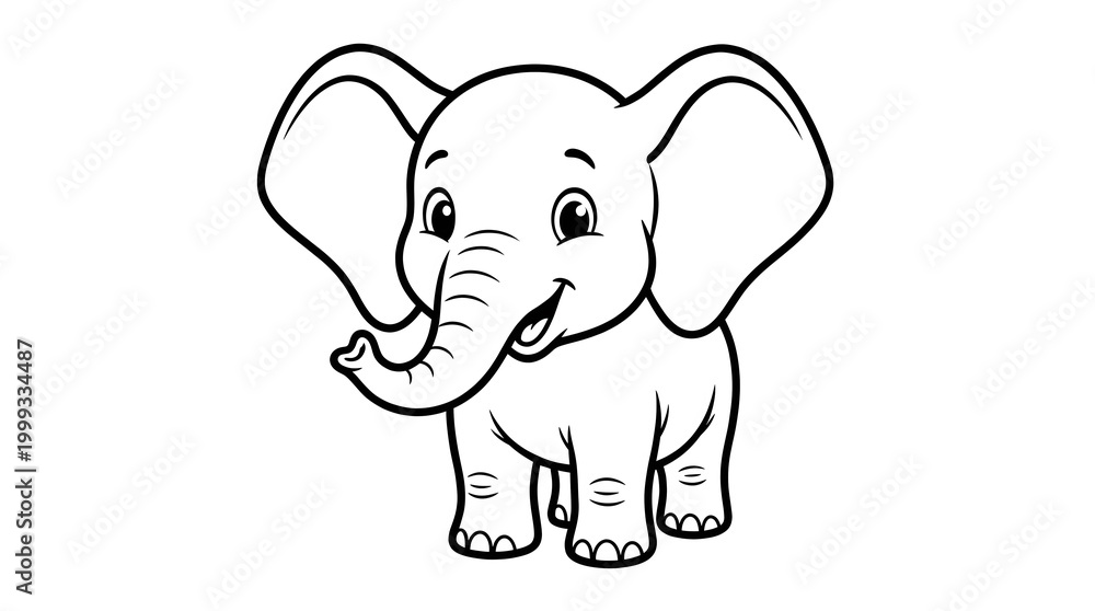 Fototapeta premium Adorable vector line art illustration of a cute baby elephant with big ears and a happy expression, perfect for children's coloring books and educational materials