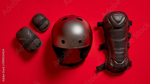 Black protective helmet and pads for extreme sports on red background