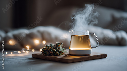 Hot Steaming Herbal Tea in Glass Teapot, Cozy Evening Home Setting with Fairy Lights and Dried Herbs