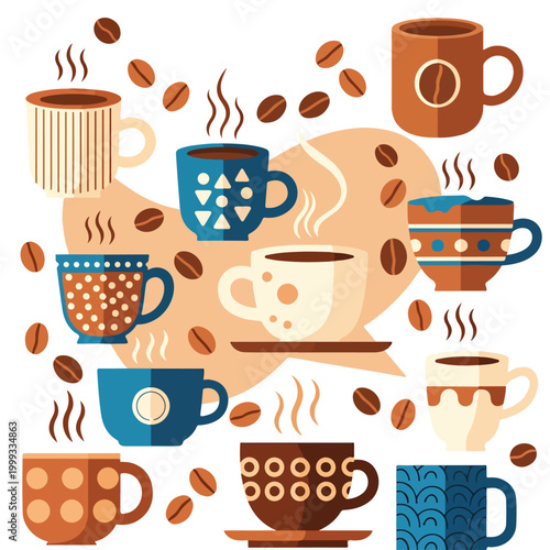 A colorful illustration of various coffee cups and beans