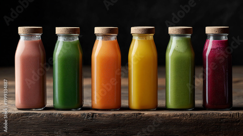 Assortment of vibrant healthy fruit and vegetable smoothies in glass bottles with cork lids on rustic wooden table against a dark background, showcasing natural beverages.