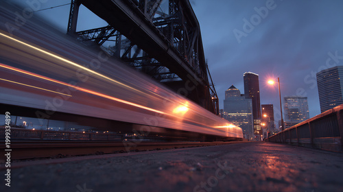 Dynamic long exposure of a high-speed train creating vibrant light trails across an urban bridge with a city skyline at dusk.