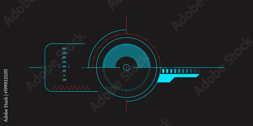 Futuristic neon HUD interface with circular target scanner, crosshair, data panel and measurement indicators. Clean cyberpunk sci-fi user interface design for game UI, dashboards, virtual display, dat