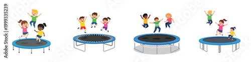 A flat vector illustration set of a trampoline play area with children jumping, clean and simple style