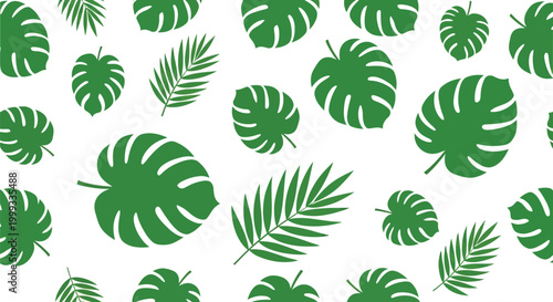 Green tropical leaves pattern on white background, monstera and palm leaf, simple repeat design