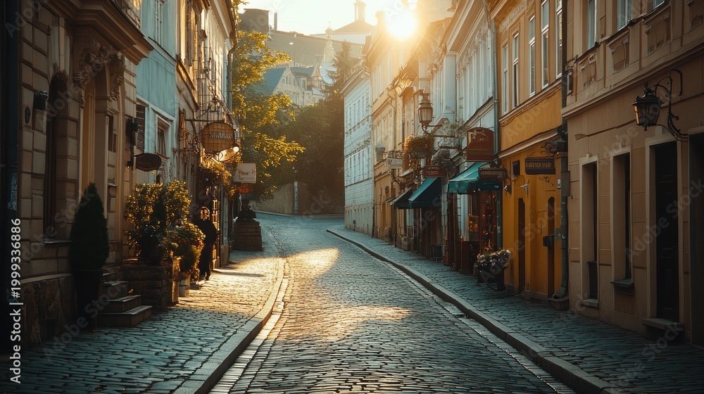 Fototapeta premium Charming cobblestone street at sunset