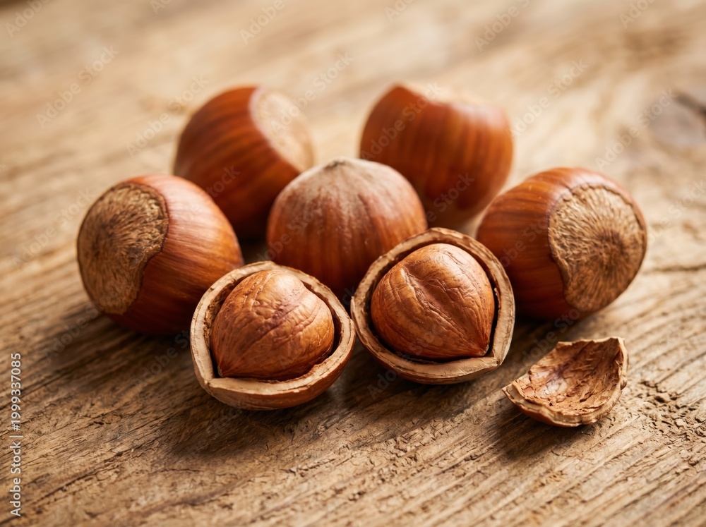 Obraz premium Group of whole and cracked hazelnuts on a rustic wooden background