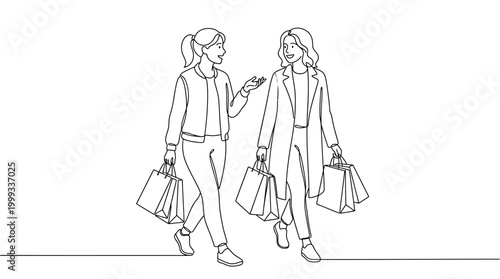 Two women friends walking together with shopping bags.