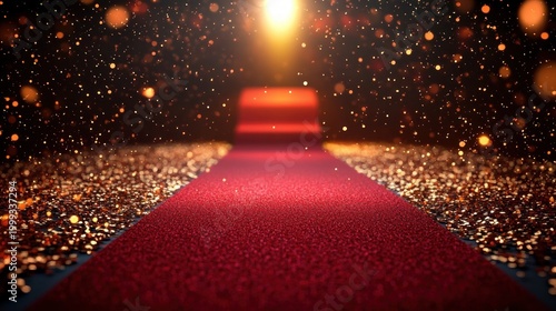 red carpet aisle bordered by golden glitter and floating confetti under a warm spotlight leading to a small illuminated platform, glamorous anticipatory mood