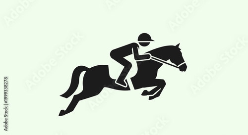 Silhouette of a jockey on a horse jumping over an obstacle, representing equestrian sport and competitive horse riding.