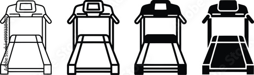 Set of four treadmill icons showing different line and solid styles for gym and fitness exercise equipment design