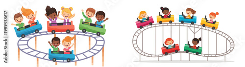 Joyful diverse kids on exciting rollercoaster rides, having a blast at the amusement park, captured in vibrant cartoon illustrations of pure happiness