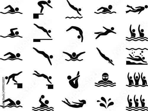 Set of black swimming icons showing people diving and swimming in water
