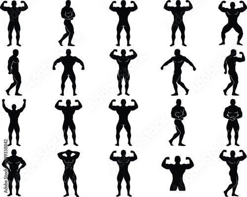 Set of black silhouettes of muscular bodybuilders posing in different gym positions for fitness and strength training competition concept