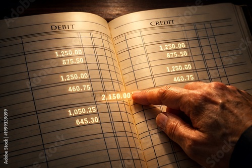 Hand Pointing to Glowing Financial Data in an Old Accounting Ledger