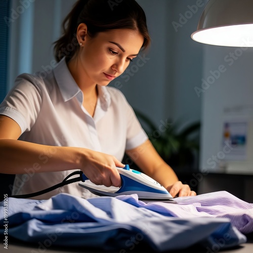 A young girl is ironing her clothes.