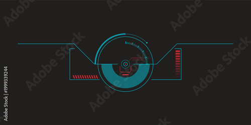 Futuristic cyberpunk HUD interface with circular target scanner, crosshair and data indicators. Clean neon sci-fi user interface element for game UI, dashboards, virtual display, data visualization an