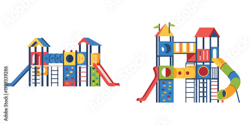 Bright and colorful children's playground equipment featuring slides, tunnels, and climbing structures, designed for active outdoor play and promoting childhood development