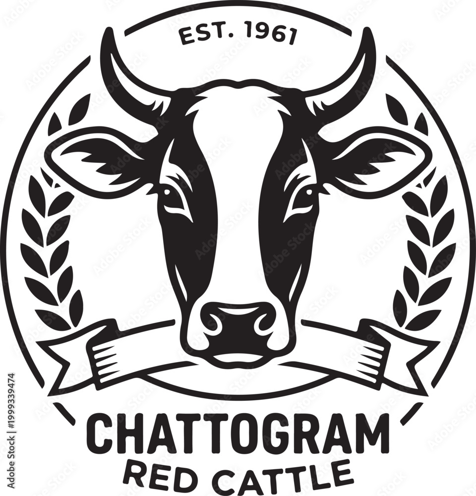 Fototapeta premium Minimalist Cow Head Emblem with Laurel Vector.