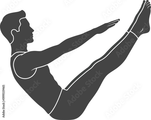 Silhouette of a fit man performing a V up or boat pose exercise for core strength and abdominal fitness training