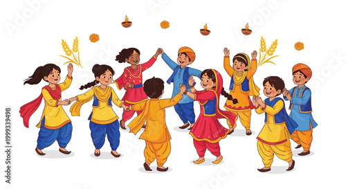 A group of children joyfully dancing together during a Vaisakhi Baisakhi festival celebration, depicted in a bright and colorful illustration with traditional clothing against a clean white