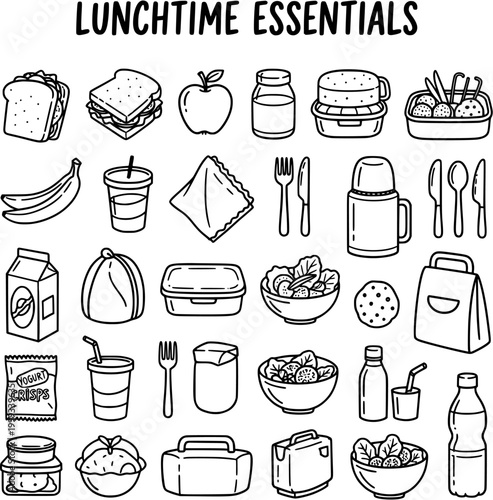 Картината върху платно Lunchtime Essentials Doodle Icon Set