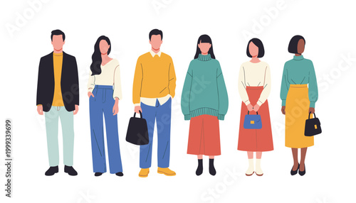 Vector group of young men and women wearing stylish casual clothes standing together diverse people in trendy outfits
