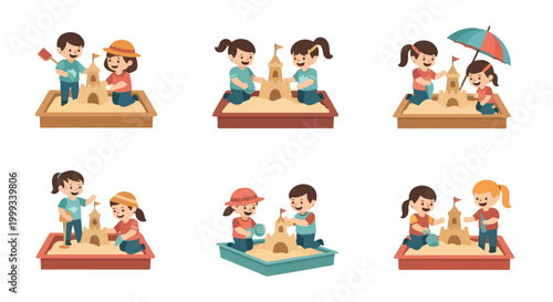 Children happily playing in sandboxes, building sandcastles and having fun outdoors